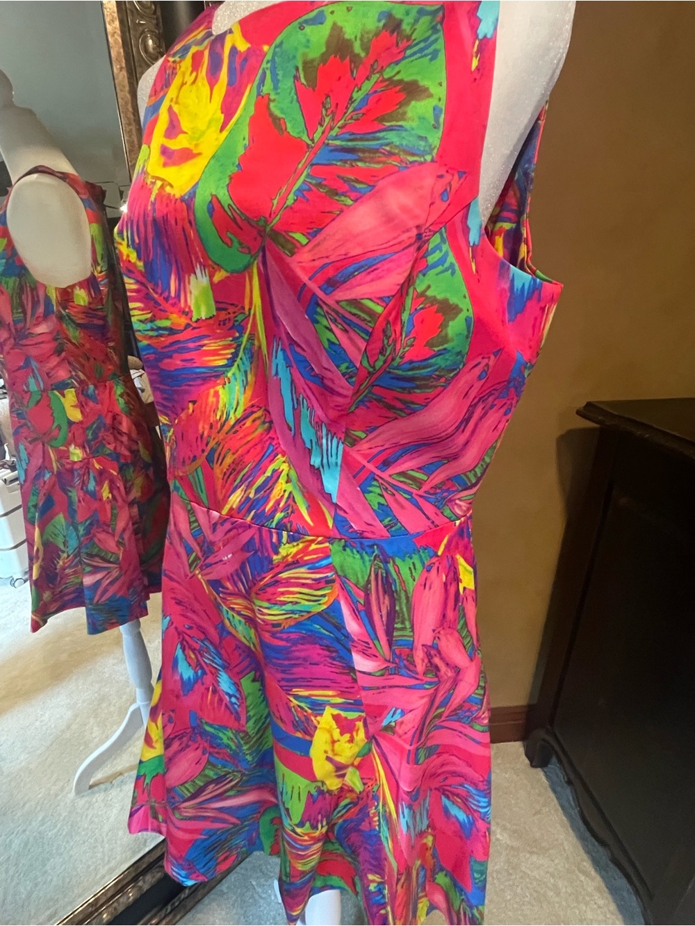 Milly Neon Pink Tropical Leaf Print Mini Dress
